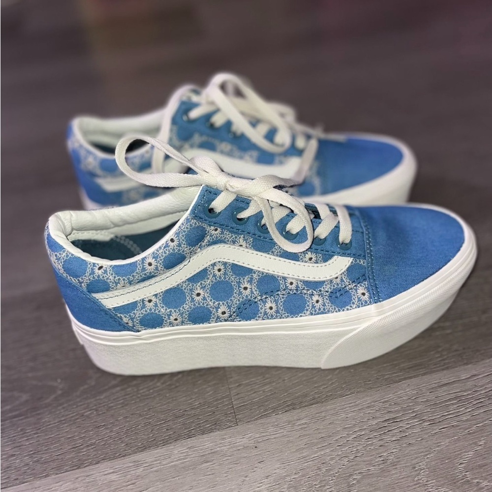 Vans Light Blue and White Platform Lace-Up Sneakers
